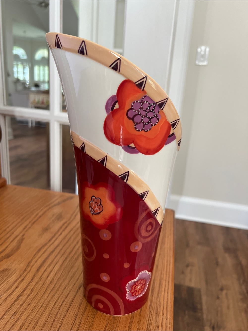 Bold Red & White Floral Ceramic Vase with Orange Accents